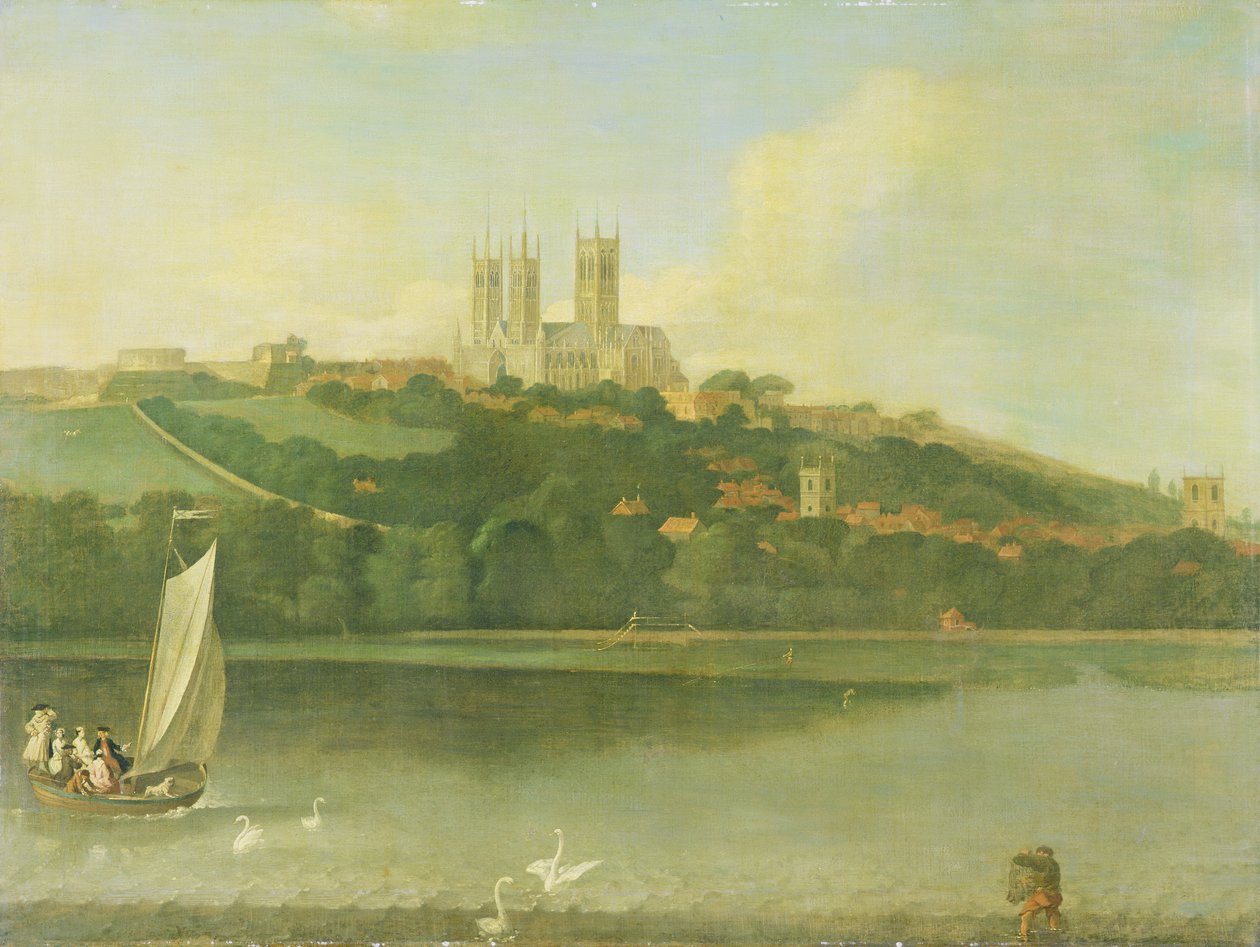 Kilátás a katedrálisra és Lincoln városára a folyóról, 1760 körül alkotó: Joseph Baker