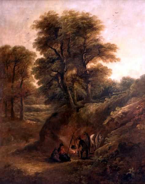 Erdős táj cigányokkal a tűz körül (olaj, vászon) alkotó: Joseph Barker