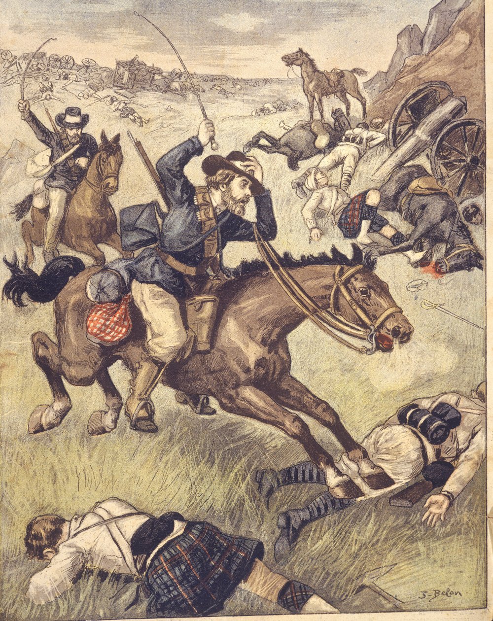 A búr kommandós brit járőrt támadott meg az 1850-1902-es angol-zulu és angol-búr háborúk idején, illusztráció alkotó: Joseph Belon