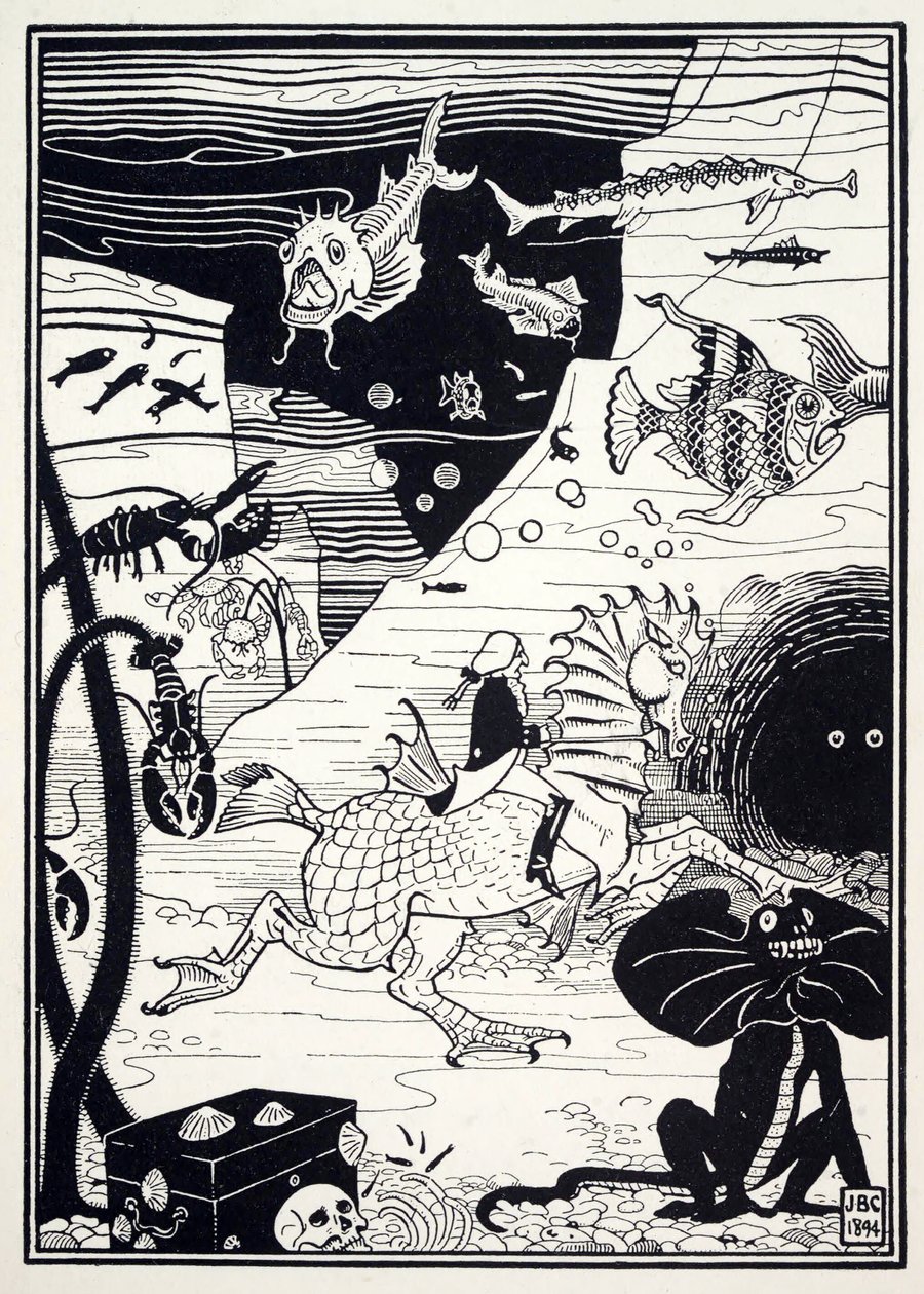 A Münchausen báró meglepő kalandjai című kocsmában sokféle magas, nemes fa volt, tele tengeri gyümölccsel, például homárral, rákkal, osztrigával. 1895 (metszet) alkotó: Joseph Benwell Clark