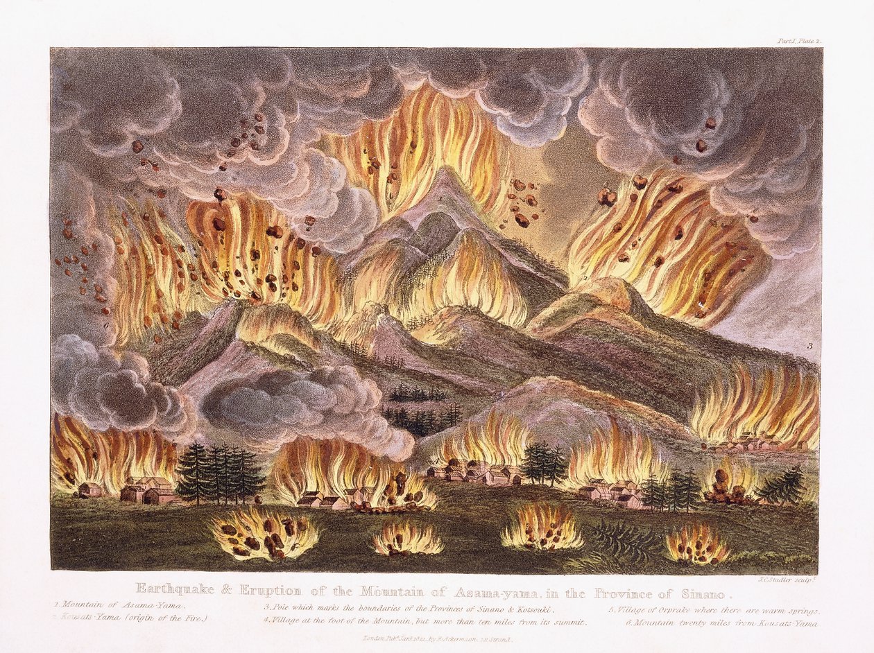 Földrengés és az Asama-yama hegy kitörése Sinano tartományban, 1822 alkotó: Joseph Constantine Stadler