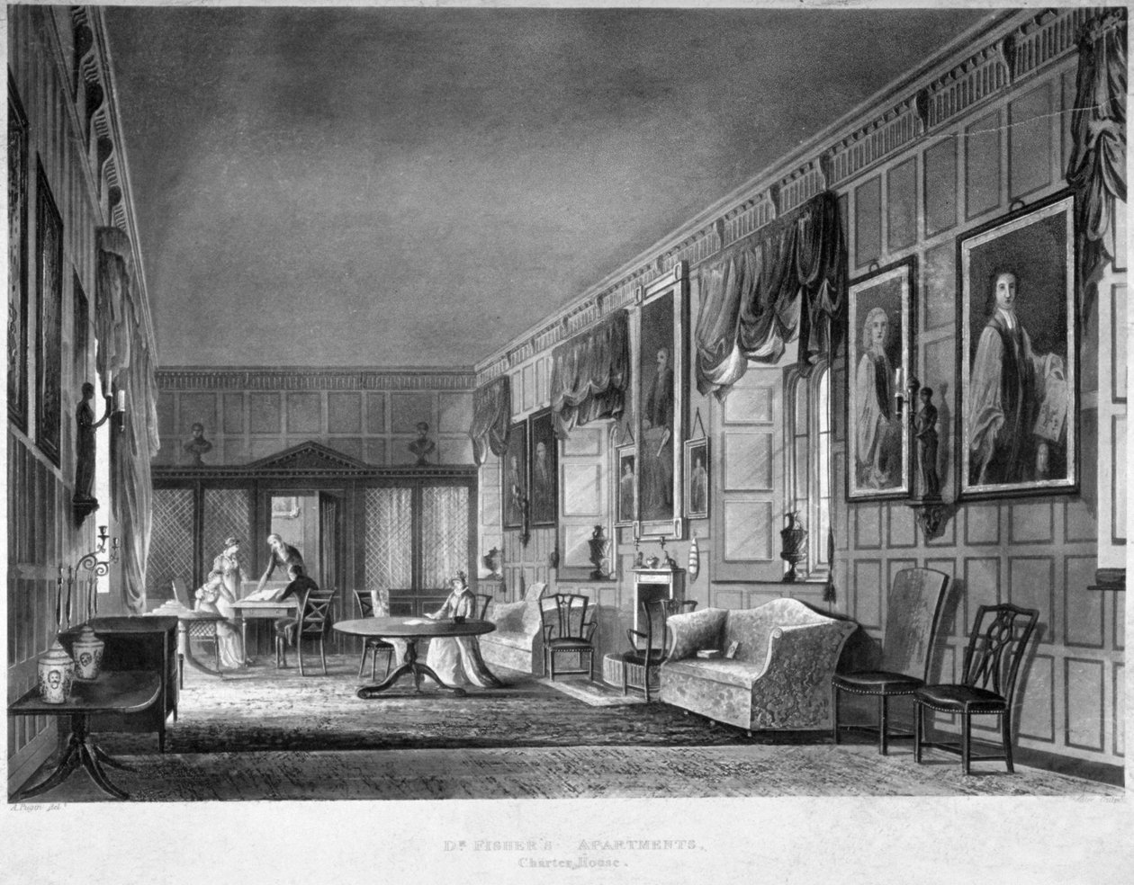 Dr. Fisher apartmanjainak belső képe, Charterhouse, Finsbury, London, 1816. alkotó: Joseph Constantine Stadler