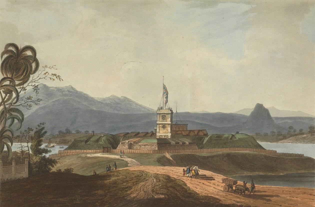 Délkeleti kilátás a Fort Marlborough-ra, Benkulen, Szumátra, 1799 alkotó: Joseph Constantine Stadler