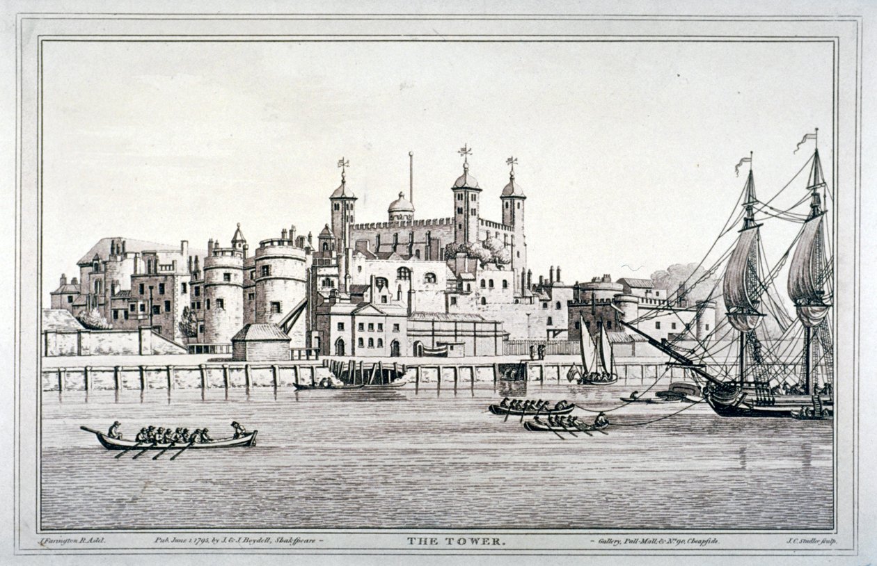 Déli kilátás a londoni Towerre hajókkal a Temzén, 1795 alkotó: Joseph Constantine Stadler