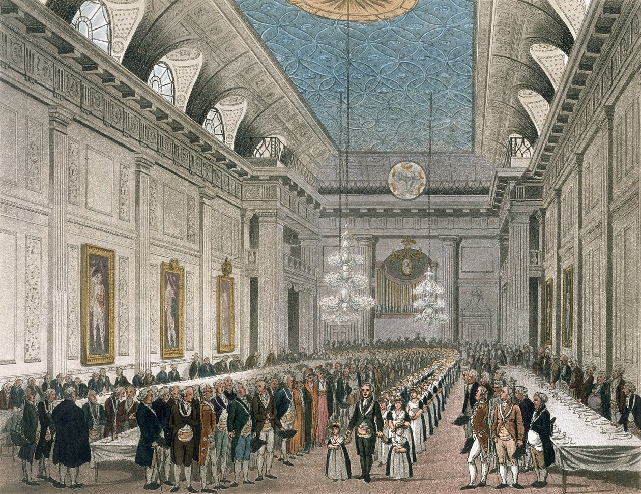 A körmenet a szabadkőművesek termében, a Queen Street-ben, az éves vacsora alkalmából a fiatal lányok számára, a Rend segítségével, Ackermann „London mikrokozmoszából” (színes litográfia) alkotó: Joseph Constantine Stadler