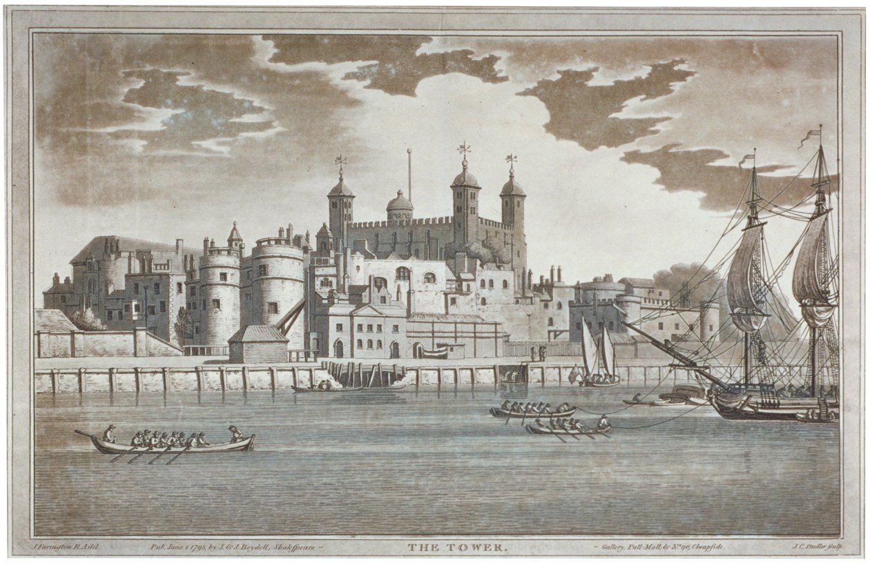 Tekintse meg a londoni Towert a Temze felől hajókkal a folyón, 1795 alkotó: Joseph Constantine Stadler