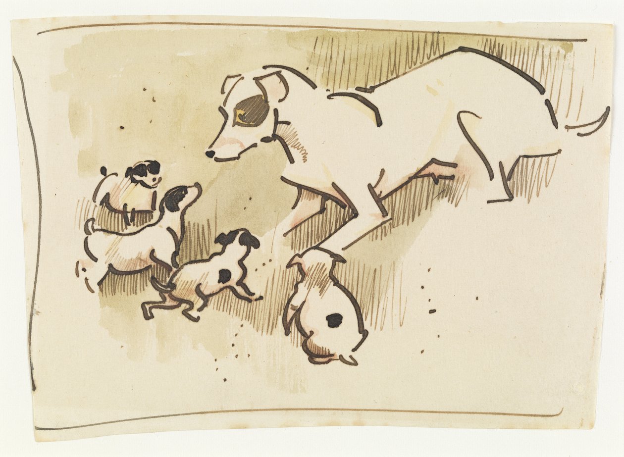Fox terrier és kölykök (toll és mosás papíron) alkotó: Joseph Crawhall