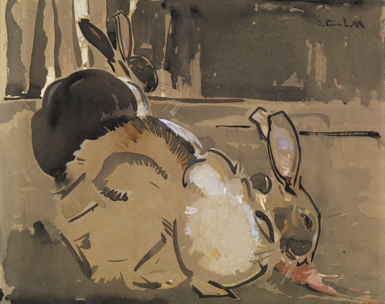 Two Rabbits, One Eating Carrots (wash and bodycolour on paper) alkotó: Joseph Crawhall