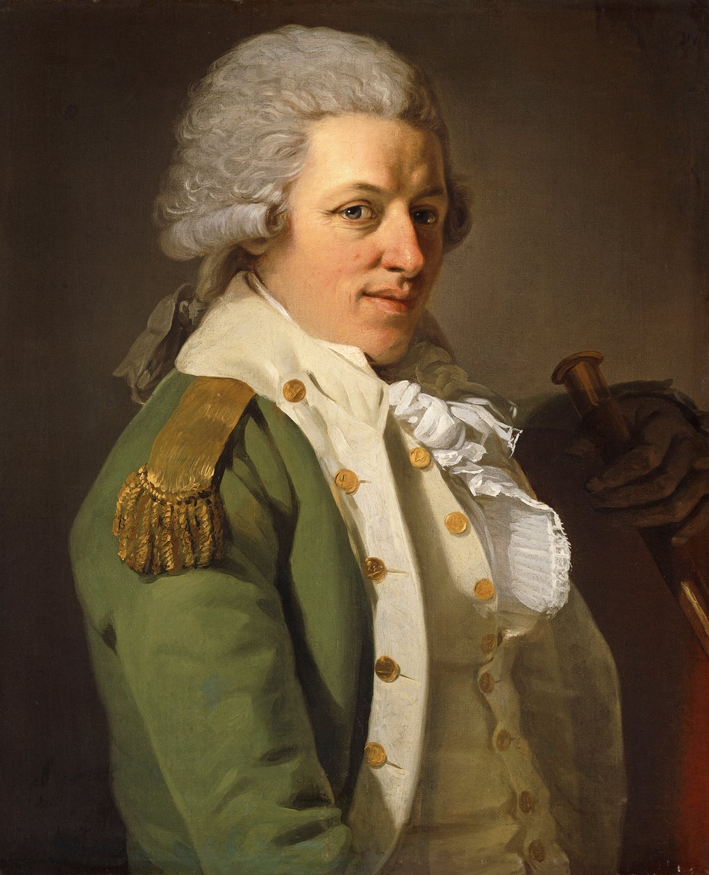 A művész félhosszú portréja zöld kabátot visel és botot tart, alkotó: Joseph Ducreux