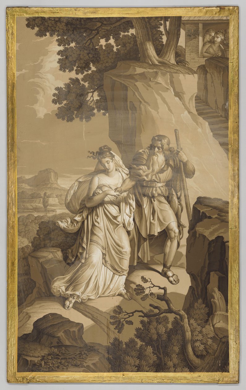 Les Amours de Psyche-t ábrázoló tapéta, panel: Psyche sziklára vájt lépcsőn, grisaille tónusokban alkotó: Joseph Dufour