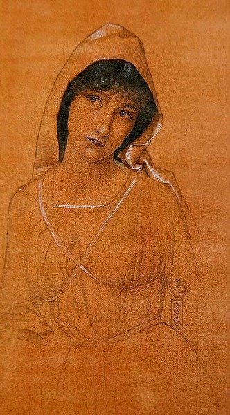 Lány köpenyt viselő (ceruza és akvarell papíron) alkotó: Joseph Edward Southall