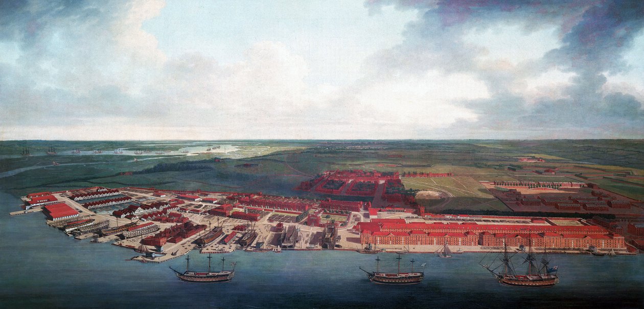 Chatham hajógyár (Anglia), földrajzi fekvésének köszönhetően Chatham a 17. században a brit királyi haditengerészet legfontosabb kikötője volt, majd a 18. században fontos javítási és karbantartási központ lett. alkotó: Joseph Farington