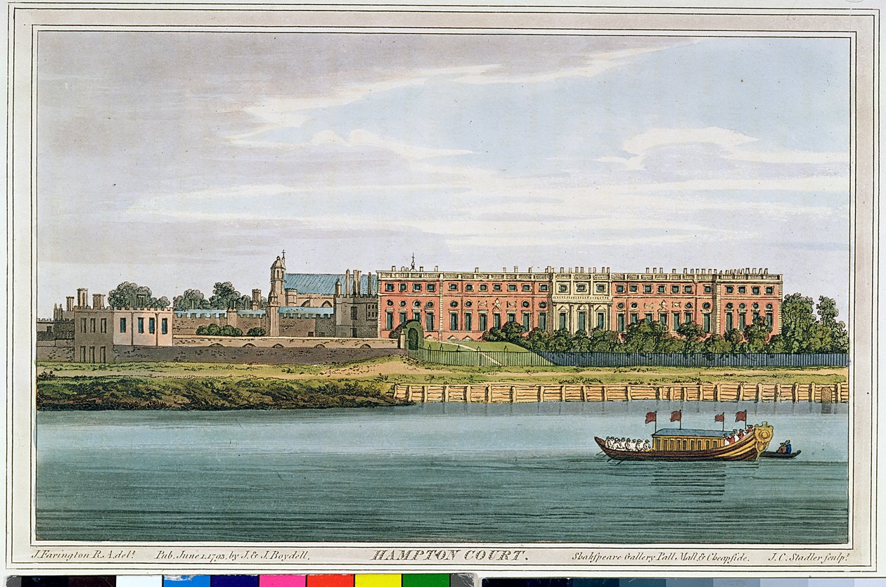 Hampton Court, J.C. Stadler (fl.1780-1812) metszete Havell „Temze története” című művéből, 1793 (színes metszet) alkotó: Joseph Farington