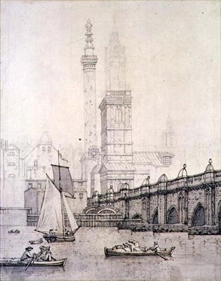 Old London Bridge és az emlékmű alkotó: Joseph Farington