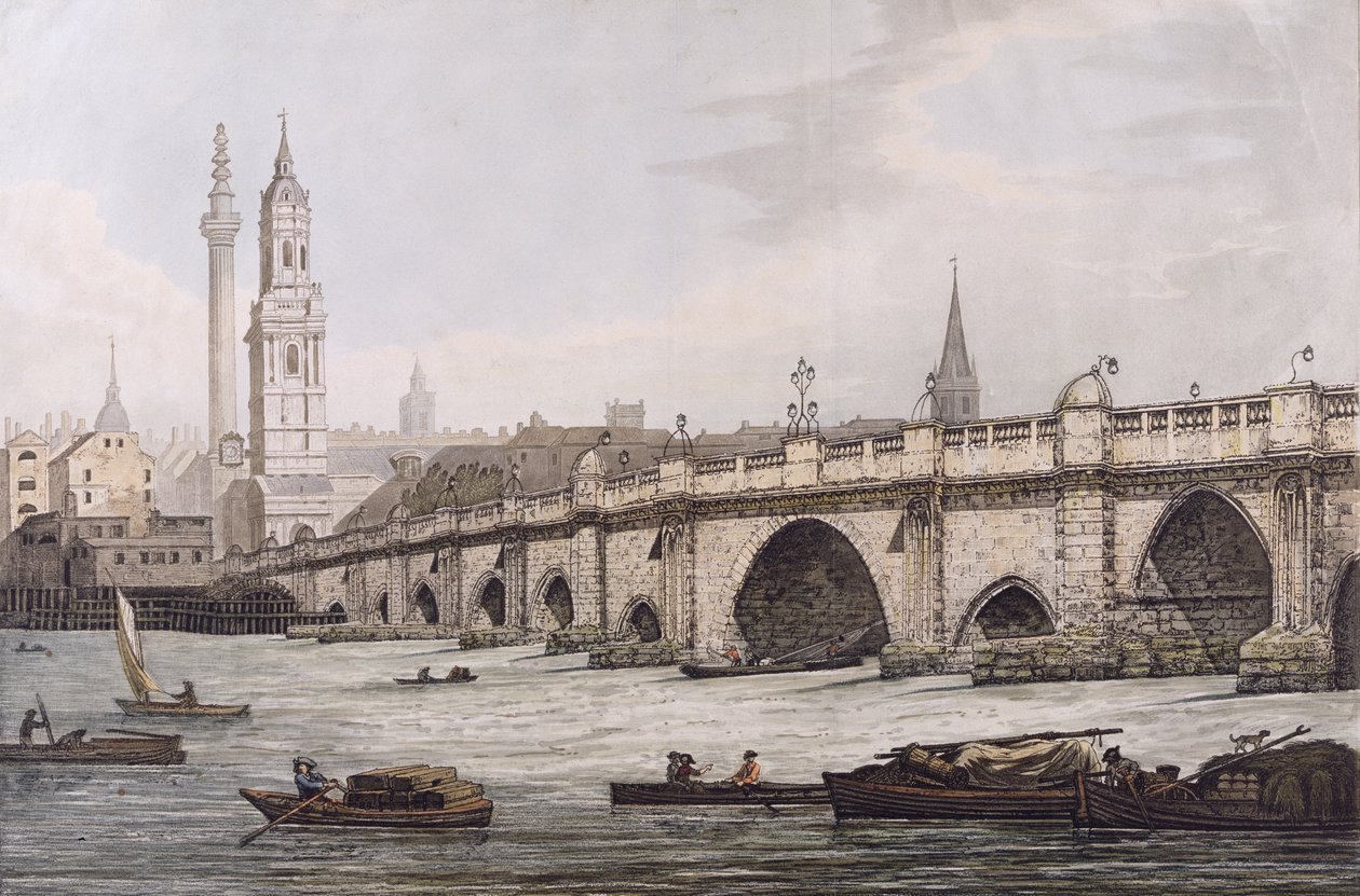Kilátás a London Bridge-re, beleértve a Szent Mágus-templomot és az emlékművet, J.C. Stadler metszetét alkotó: Joseph Farington