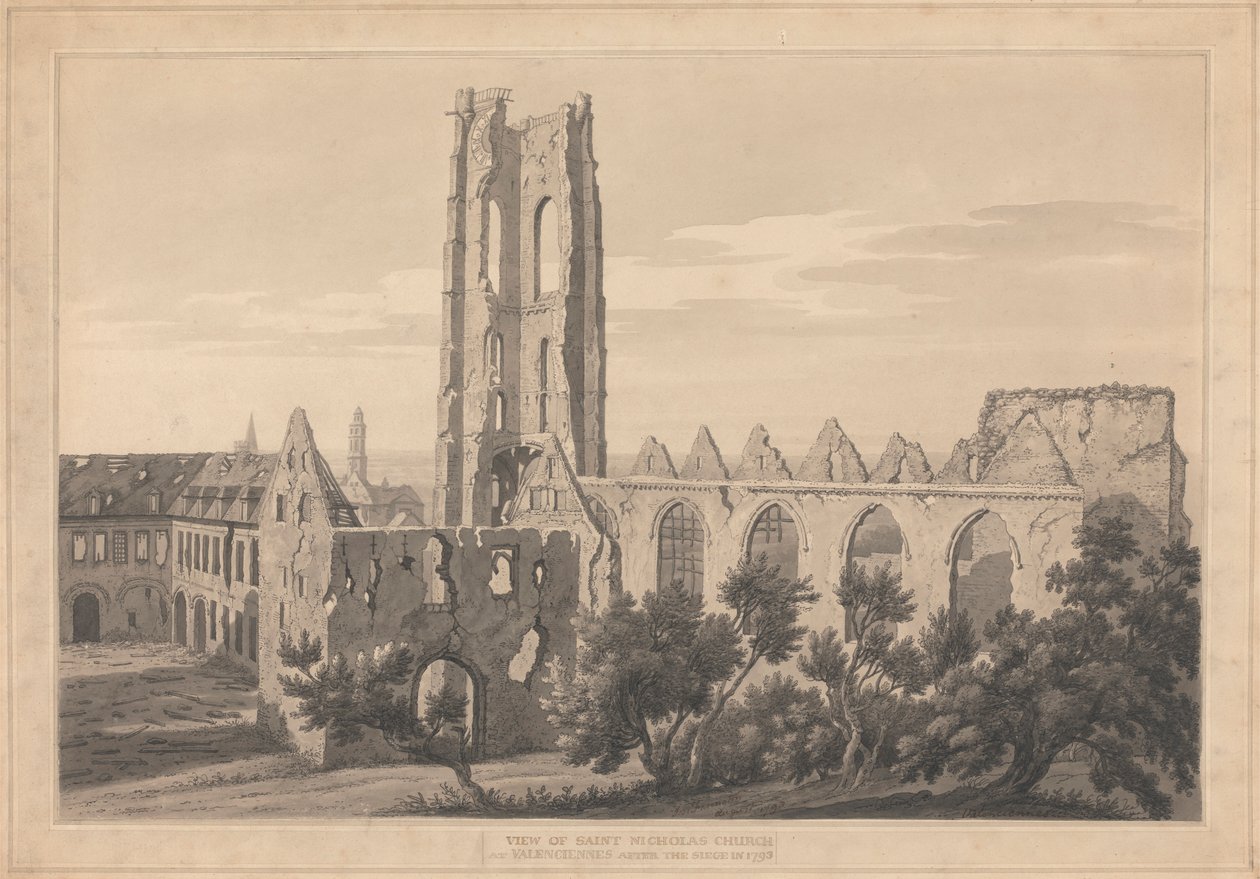 Kilátás a Valenciennes-i Szent Miklós-templomra az ostrom után alkotó: Joseph Farington