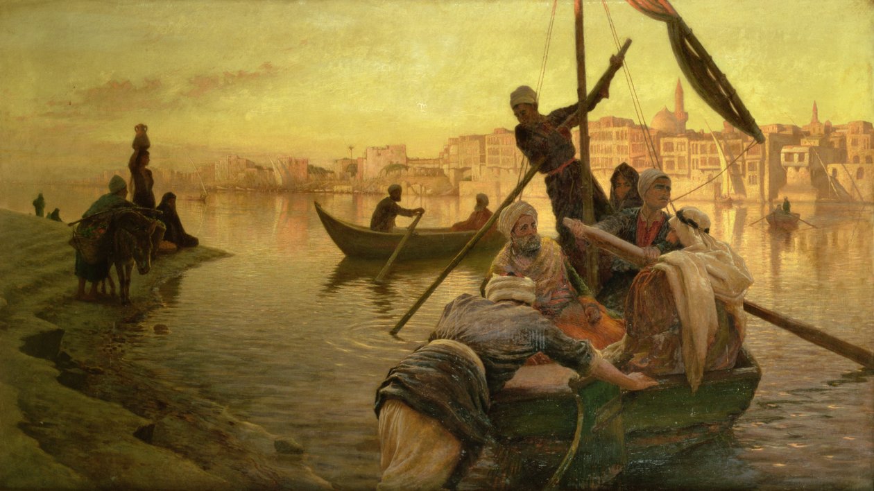 Kairóban: komp a Níluson lévő Gazirie szigetéről vagy Boulach Kairó kikötőjéről alkotó: Joseph Farquharson