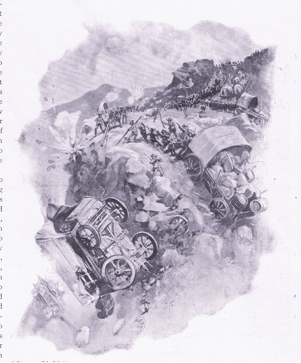 A búrok elpusztítják szekereiket Spitzkopnál, illusztráció az After Pretoria: A gerillaháborúból, 1902 alkotó: Joseph Finnemore
