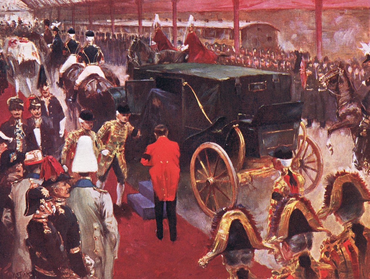 Alexandra őfelsége királynő érkezése a Paddington állomásra néhai Viktória királynő temetése alkalmából 1901. február 2-án, illusztráció a Cassells History of England, 1900-as évekből alkotó: Joseph Finnemore