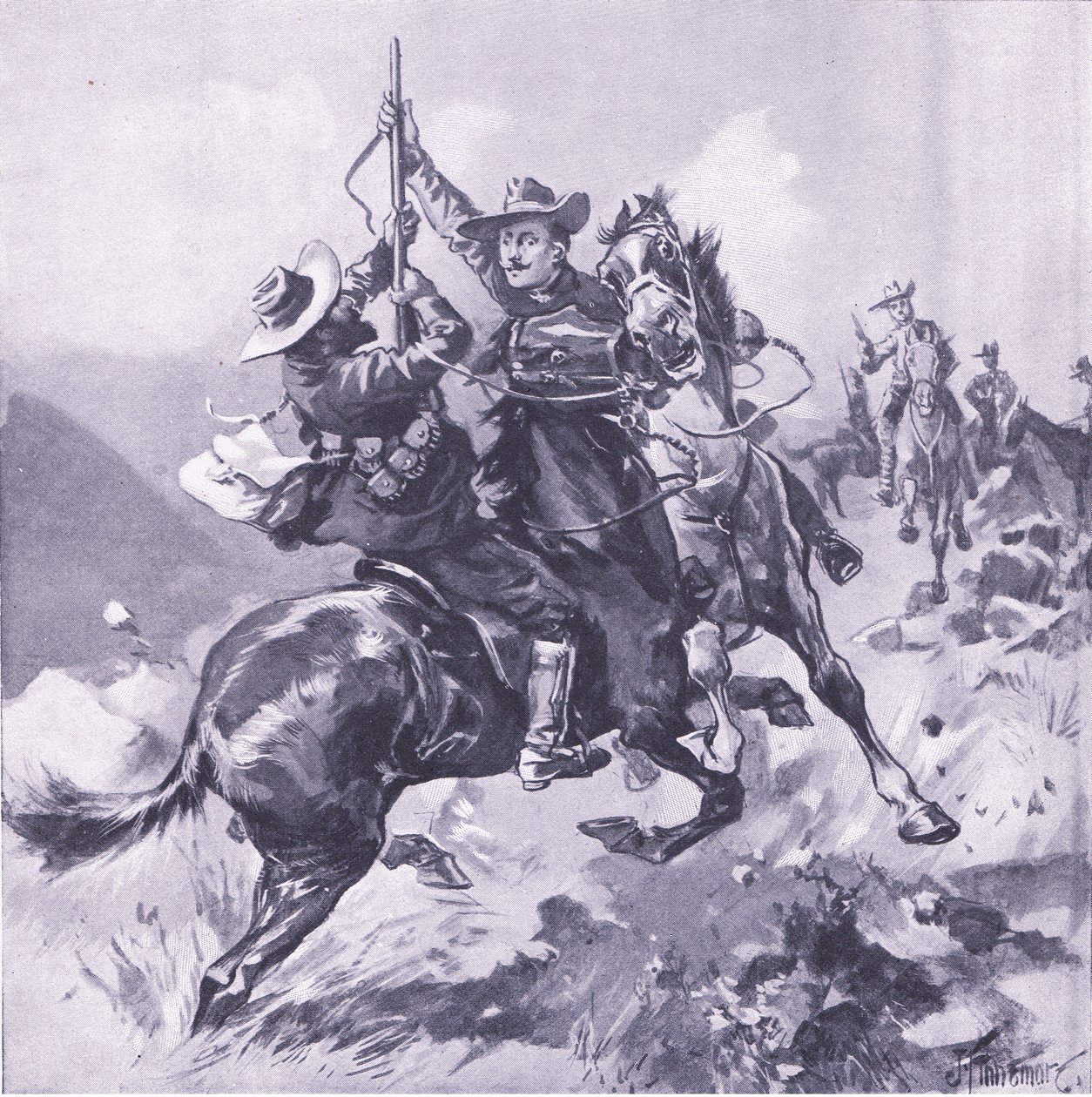 Field-Cornet Swanepoel elfogása, illusztráció az After Pretoria: A gerillaháborúból, 1902 alkotó: Joseph Finnemore