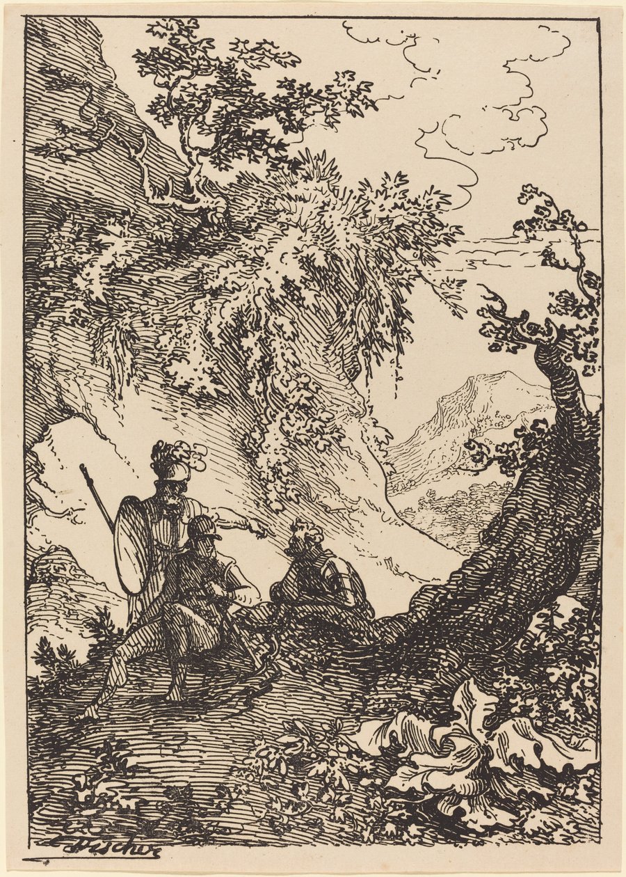 Táj páncélos férfiakkal, fatönkön alkotó: Joseph Fischer