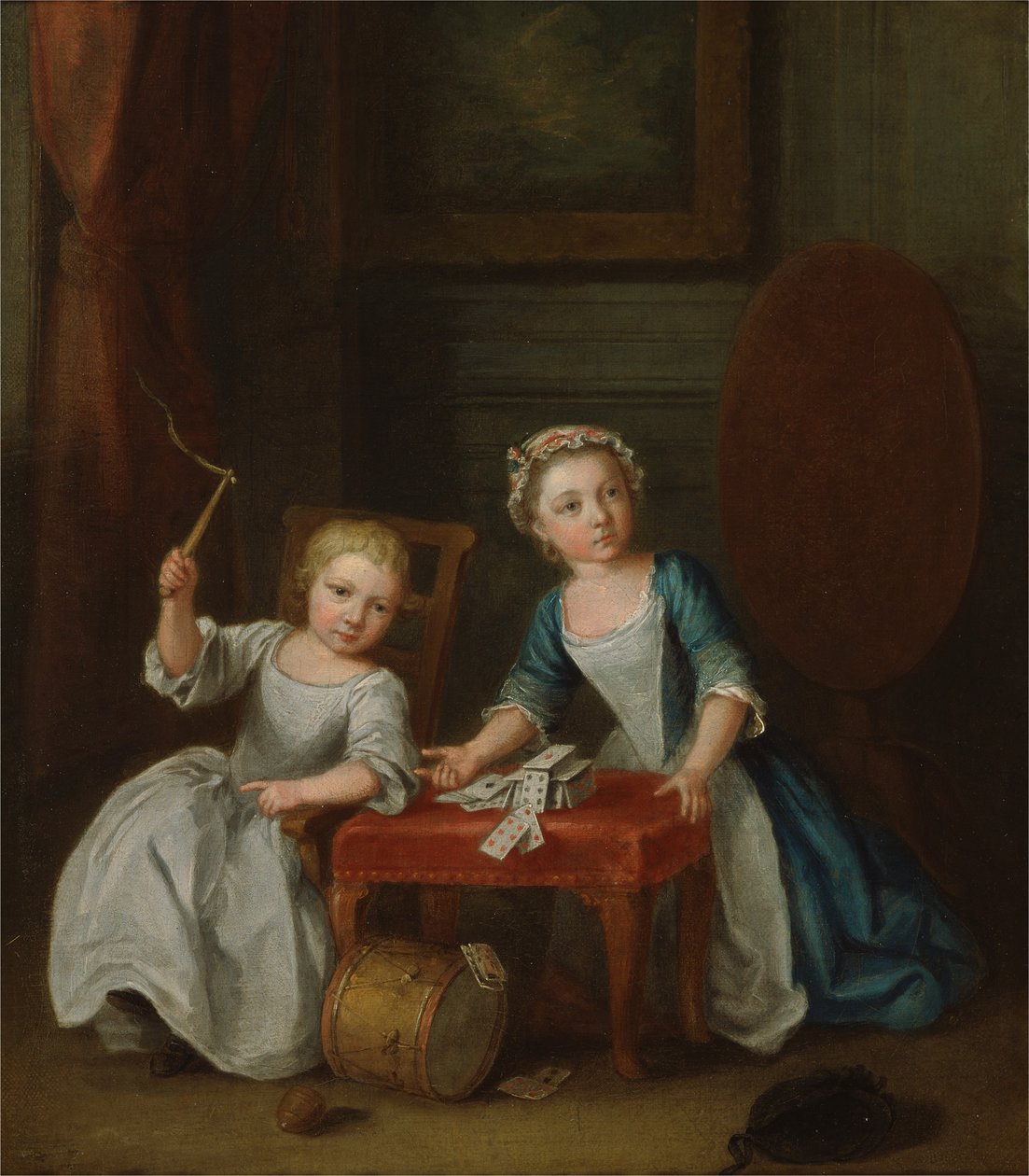 A Nollekens család két gyermeke, valószínűleg Jacobus és Maria Sophia, játszik a felsővel és kártyázik, 1745 alkotó: Joseph Francis Nollekens