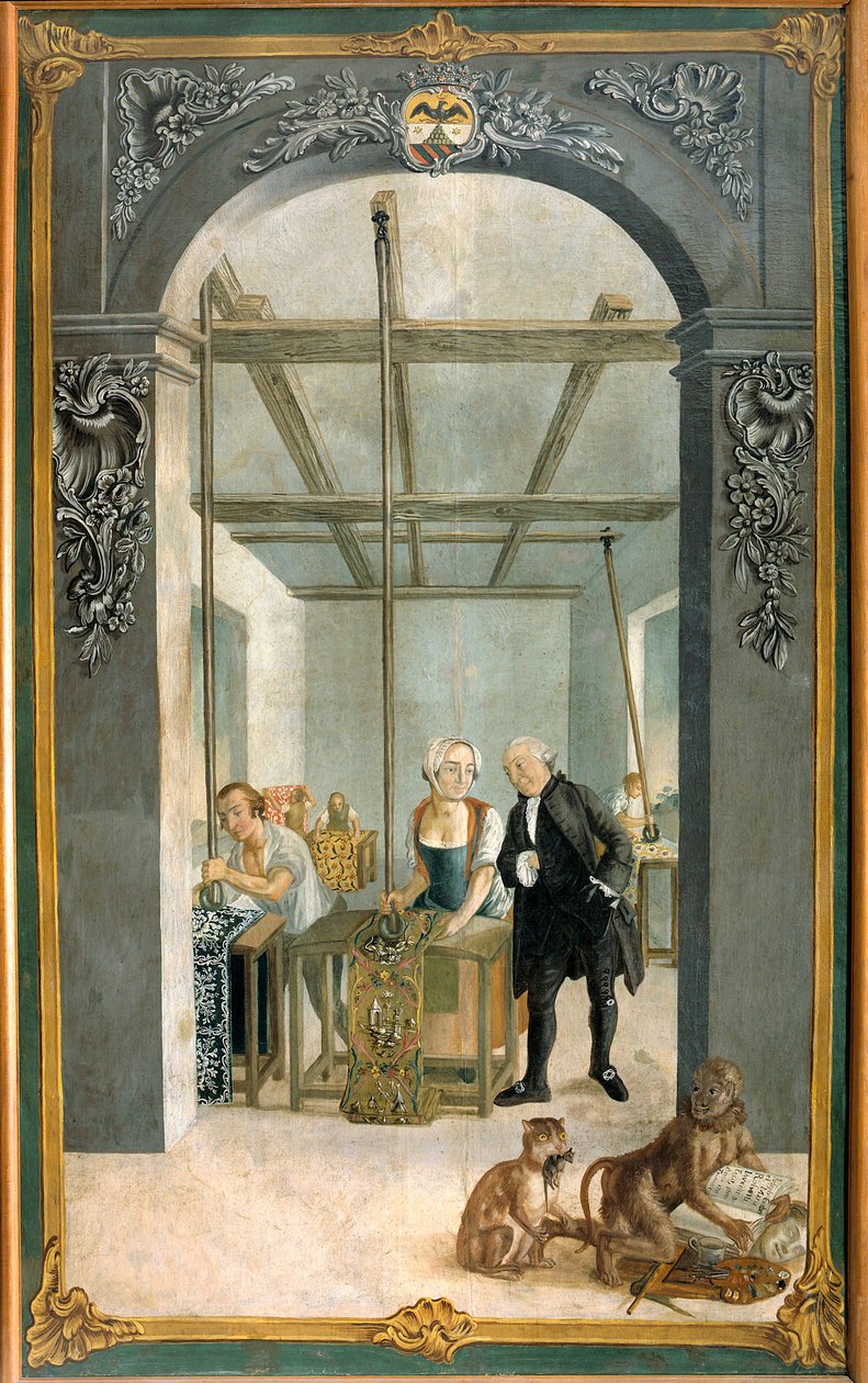 Wetter Brothers Indian Fabric Factory: Munkások átmennek a nyomtatott vásznak rácsán Joseph Gabriel Rossetti festménye (18. század). 1764 Orange, Musee Municipal alkotó: Joseph Gabriel Rossetti
