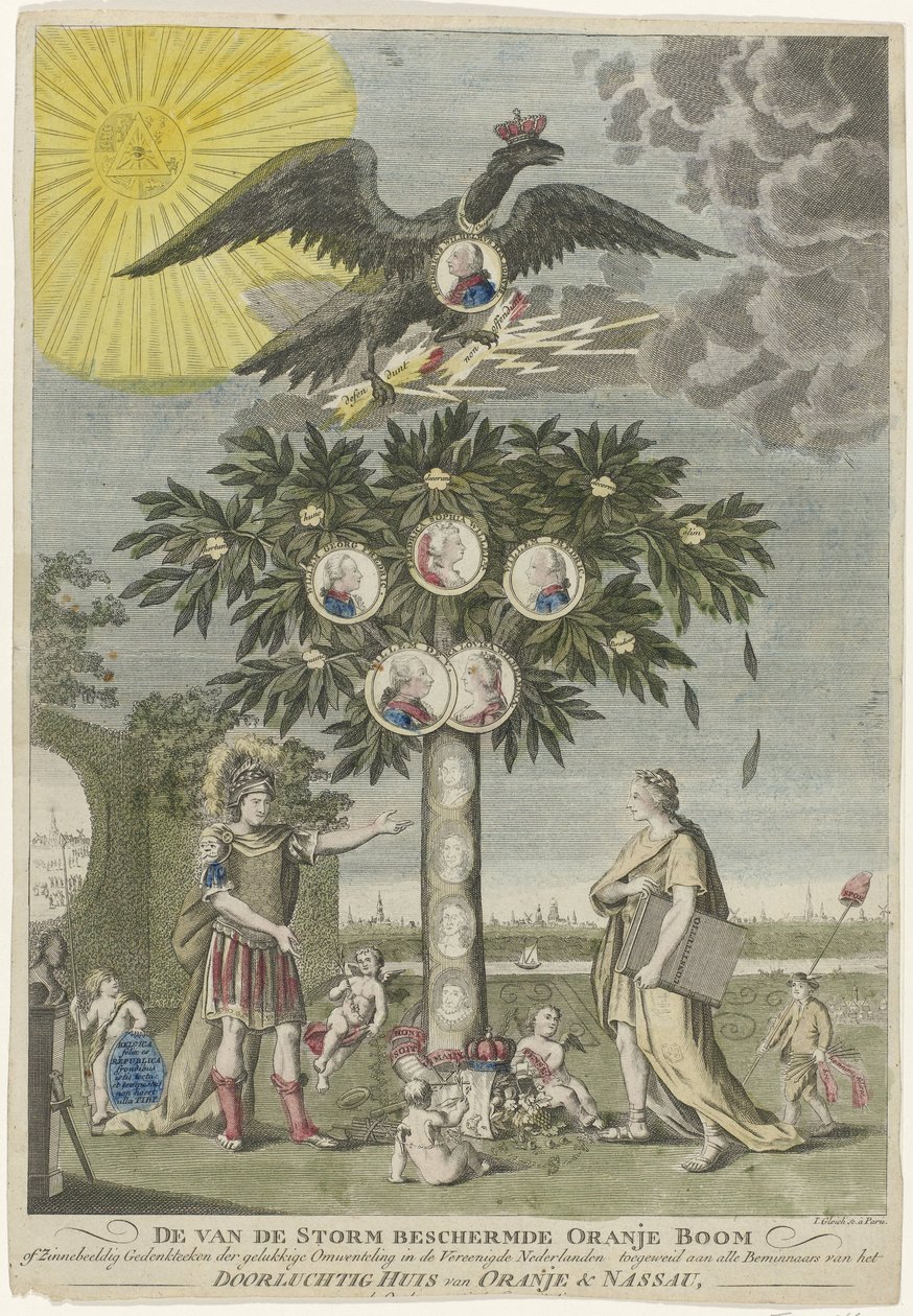 Stadtholder V. Vilmos restaurációjának allegóriája (másolat), 1787 A narancsfa vagy a boldog forradalom szimbolikus emlékműve az Egyesült Hollandiában, a vihar ellen védett, a Serene House of Orange & N minden szerelmesének szentelve alkotó: Joseph Gleich