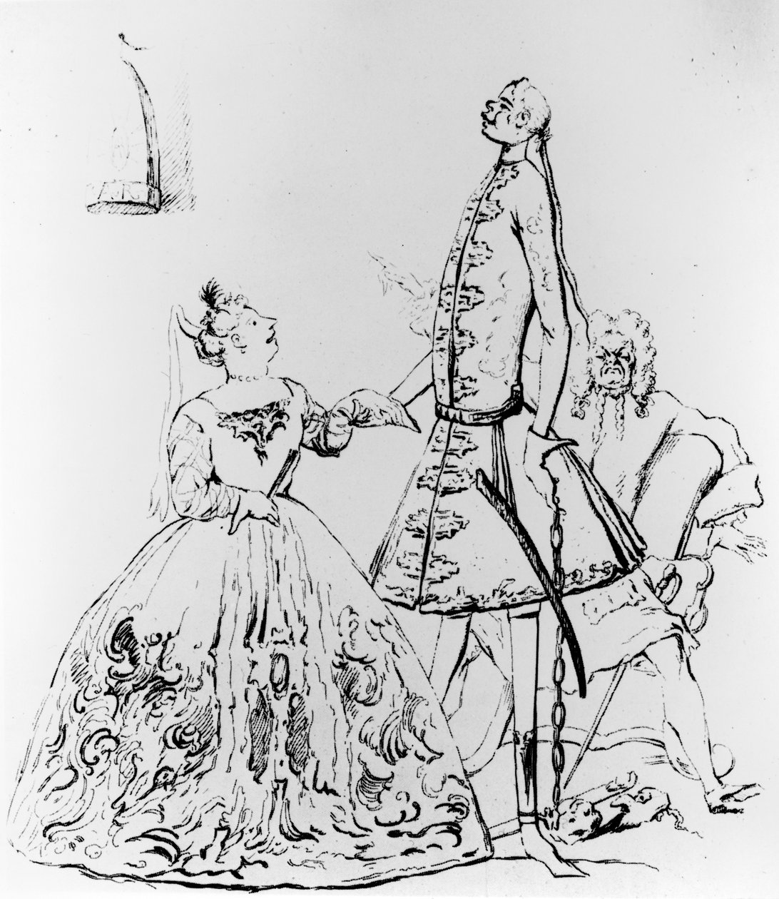 „Te zengő madárijesztő és te komor madár” Farinelli, Cuzzoni és Heidegger karikatúrája alkotó: Joseph Goupy