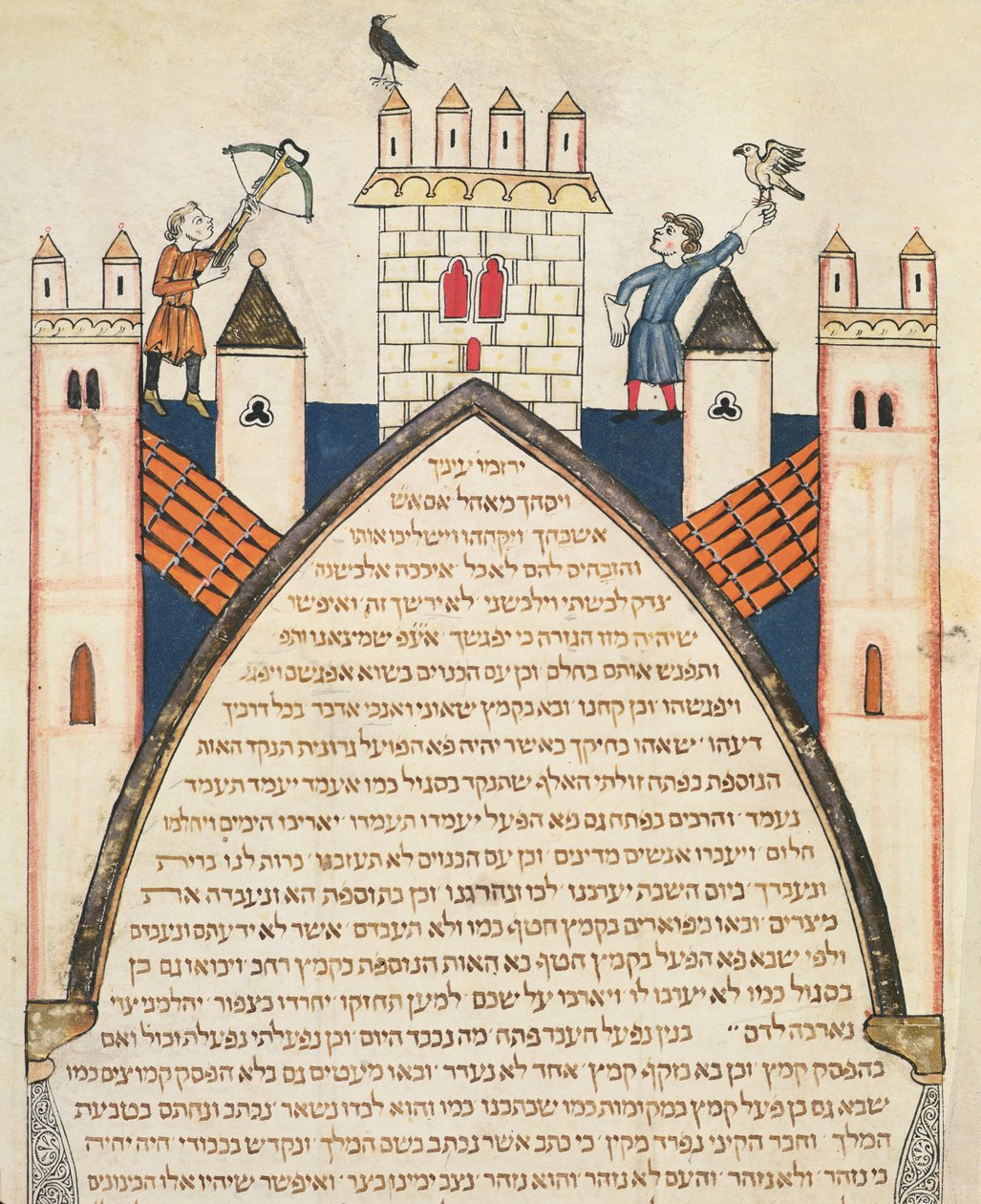 Vadászat sólymokkal, illusztráció a zsidó Cervera Bibliából, 1299 alkotó: Joseph Ha Zarefati