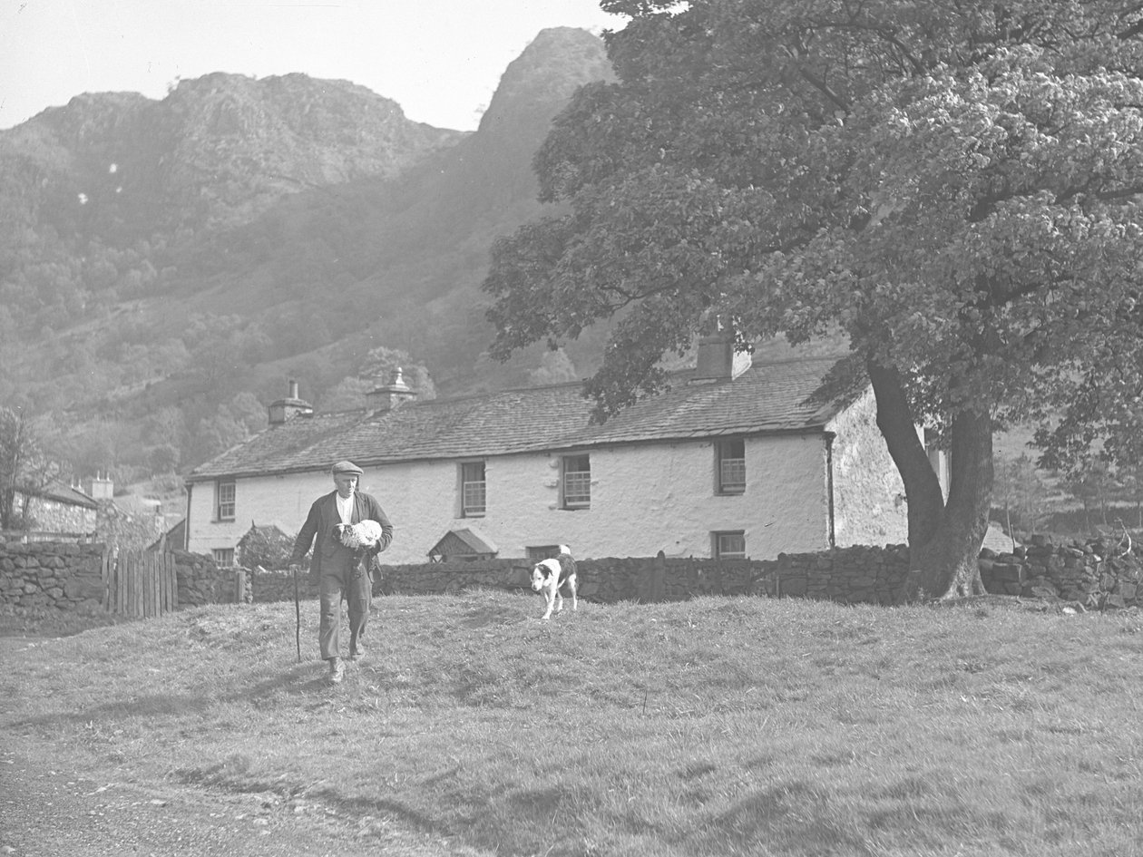 Farmer báránnyal a hóna alatt és kutyával a nyomában alkotó: Joseph Hardman