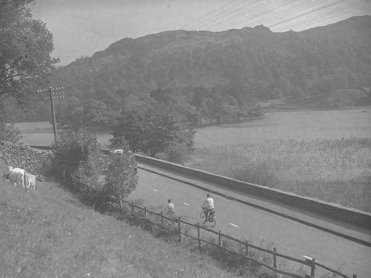Kilátás a Rydal Water mellett futó útra, kerékpározó emberekkel, szarvasmarhákkal és a hegyek között. alkotó: Joseph Hardman