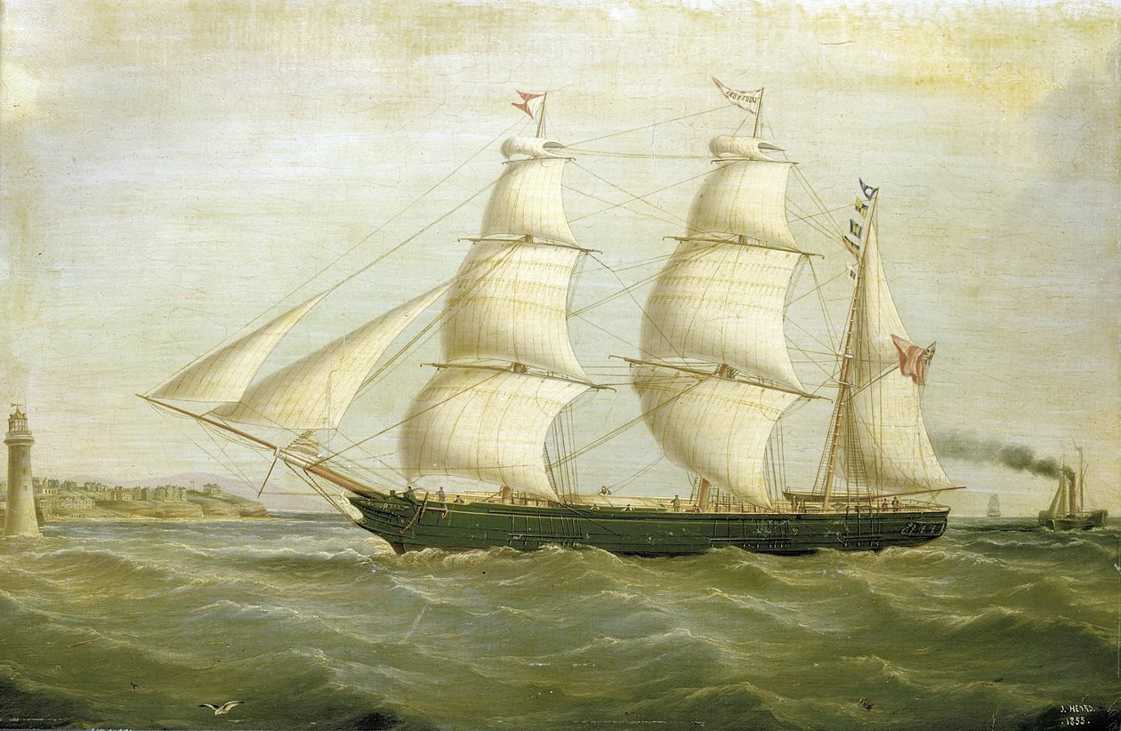 A "Queen Bee" vitorlás (1852-ben épült), egyik oldalán házakból épített világítótoronnyal. Olajfestmény alkotó: Joseph Heard