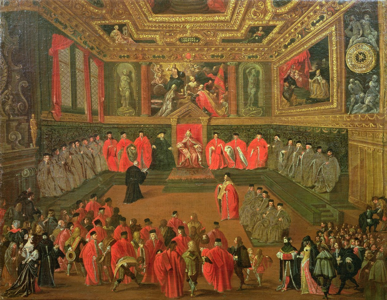 Közönség a Dózsával a Ducale Palace Kollégiumában alkotó: Joseph Heintz