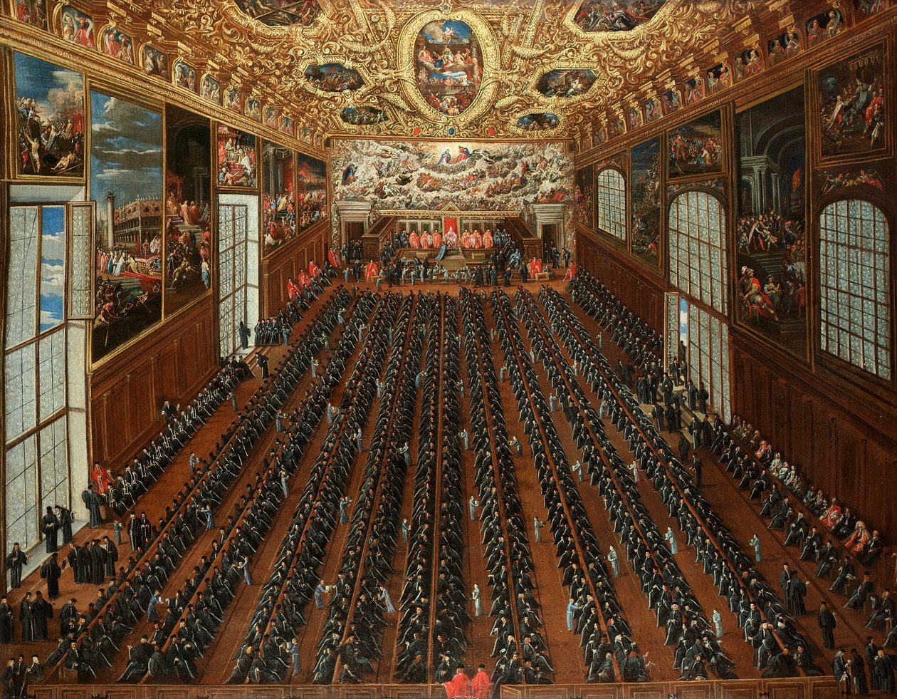 A Sala Maggior Consiglio, a velencei Dózse-palota belseje, a patríciusok szavaznak az új elöljárók megválasztásáról szóló bulletinről. alkotó: Joseph Heintz the Younger