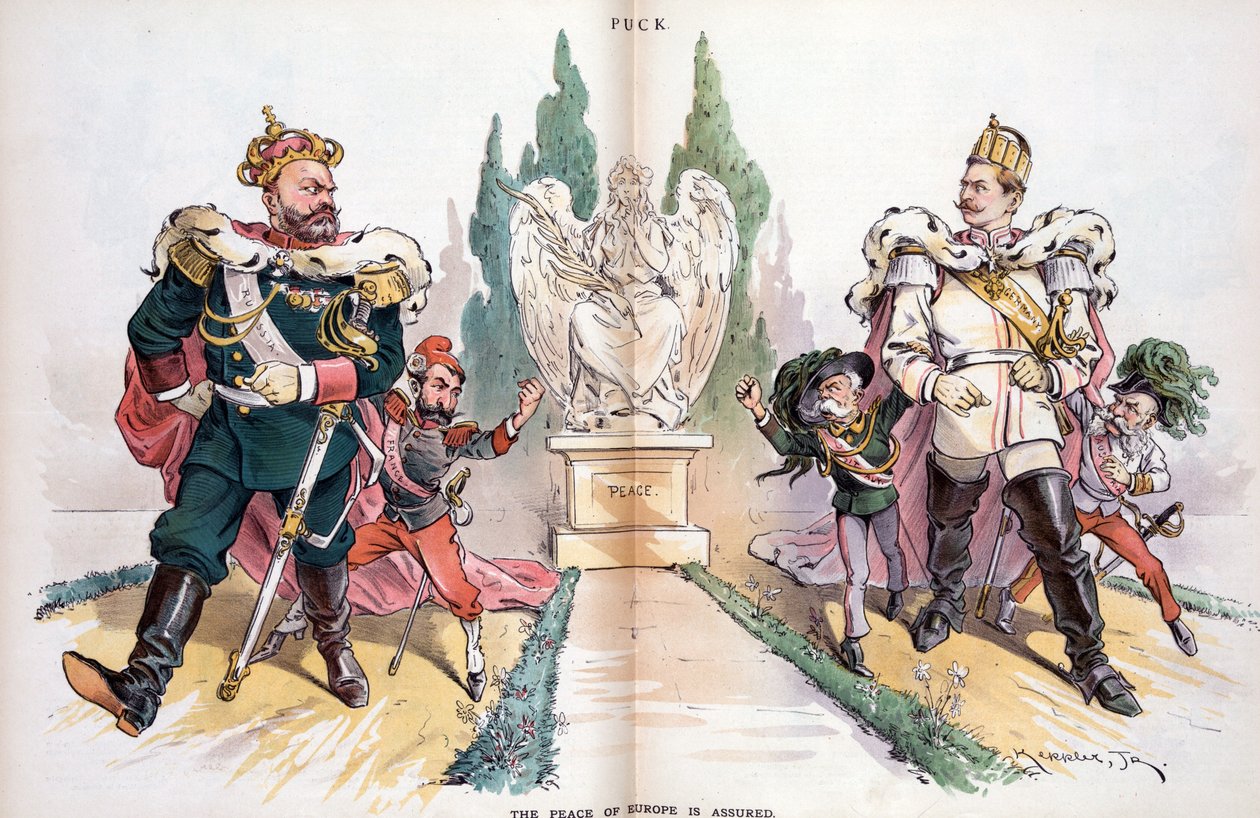 III. Sándor, "Oroszország" felirattal, nézi II. Vilmost, "Németország" felirattal. alkotó: Joseph Keppler