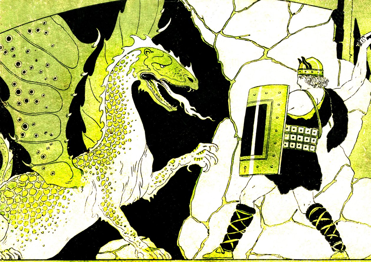 Siegfried harcol a sárkánnyal. A Nibelung-legenda. Joseph Kuhn Regnier (Kuhn-Regnier) (1873-1940) illusztrációja az "Epopees et legendes d