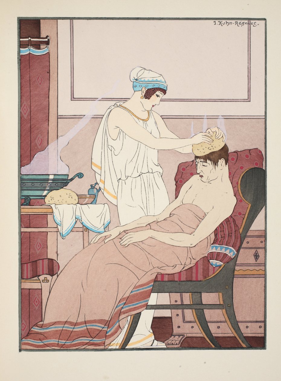Forró vízzel átitatott szivacsot helyeznek a fejre, illusztráció a Hippokratész műveiből, 1934 alkotó: Joseph Kuhn Regnier