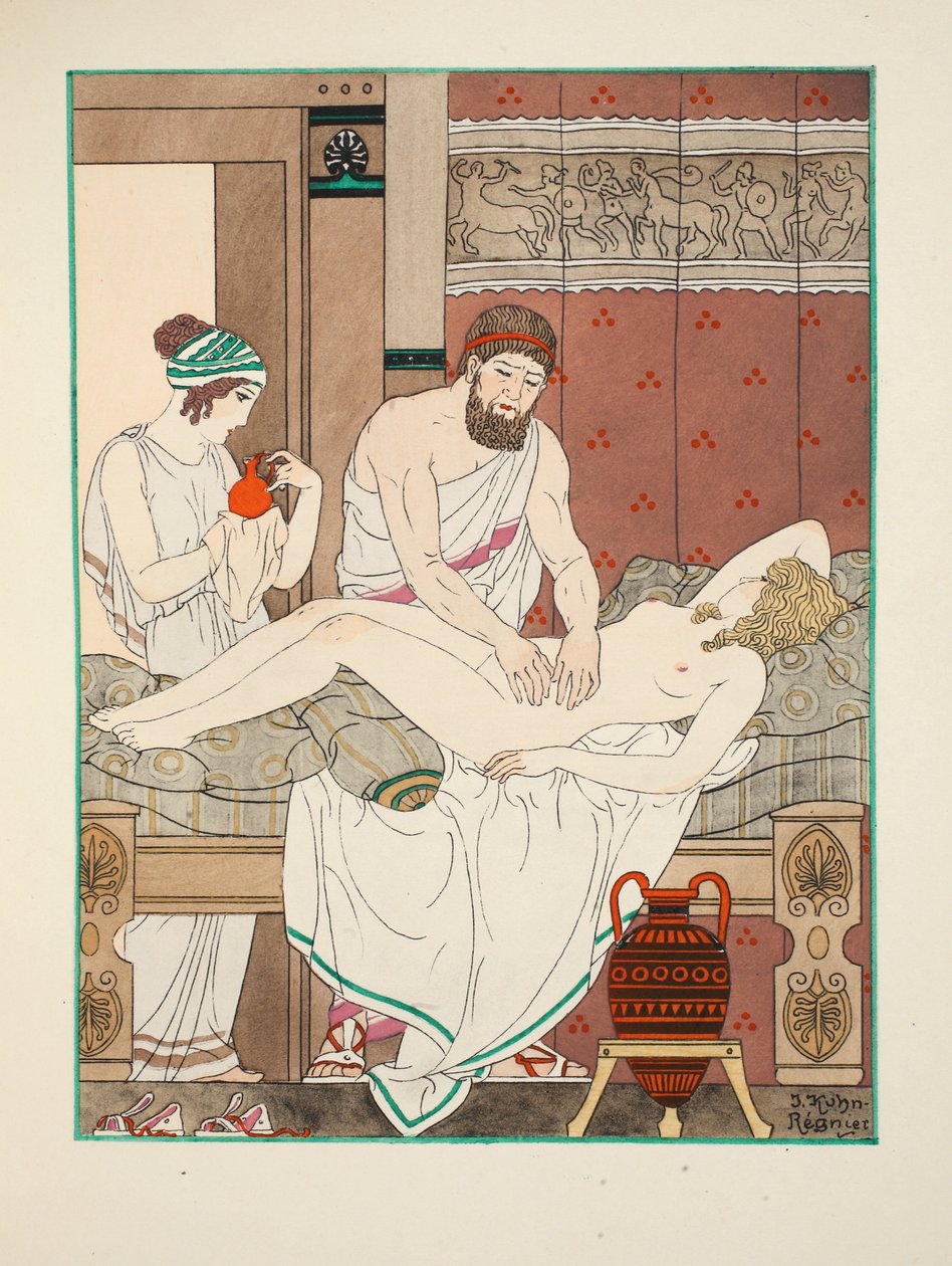Gyógymasszázs, illusztráció a Hippokratész műveiből, 1934 alkotó: Joseph Kuhn Regnier