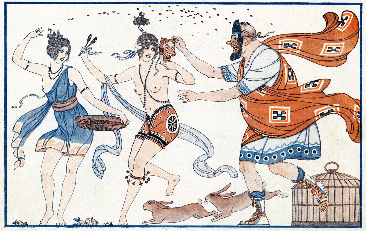 Pajkosság a freskókon, a pompei karnevál - illusztráció a La Vie Parisienne-ből, 1923 alkotó: Joseph Kuhn Regnier