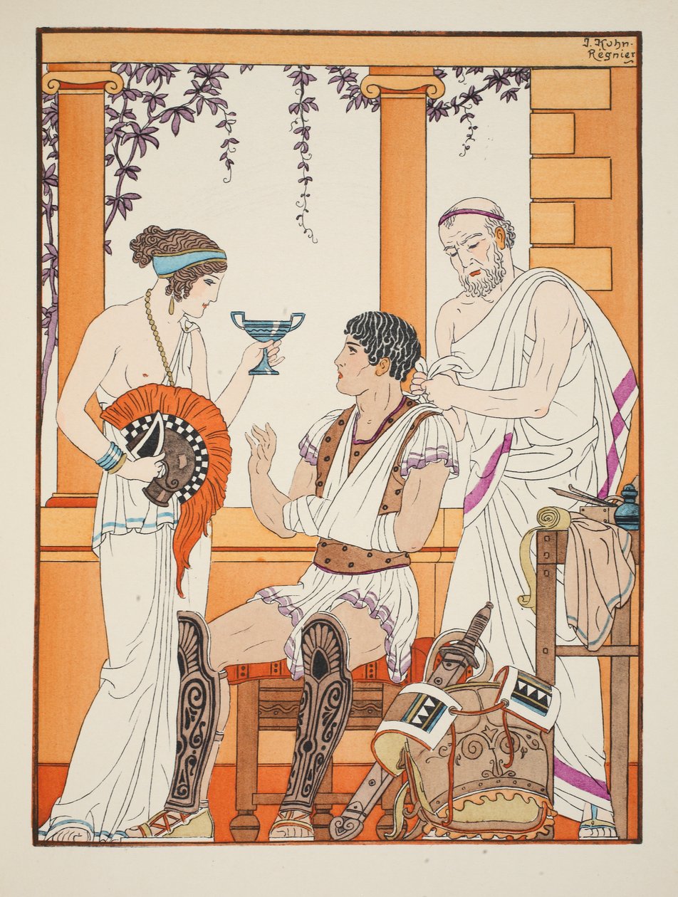 Sebesült katona karral hevederben, illusztráció a Hippokratész műveiből, 1934 alkotó: Joseph Kuhn Regnier
