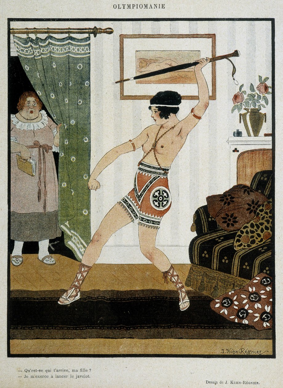 Fiatal lány antik jelmez képzésben, hogy gerelyt dobjon egy esernyővel. Az olimpiák lelkesedését illusztráló fantasy poszter. J. Kuhn Regnier rajza 1920 körül. alkotó: Joseph Kuhn Regnier