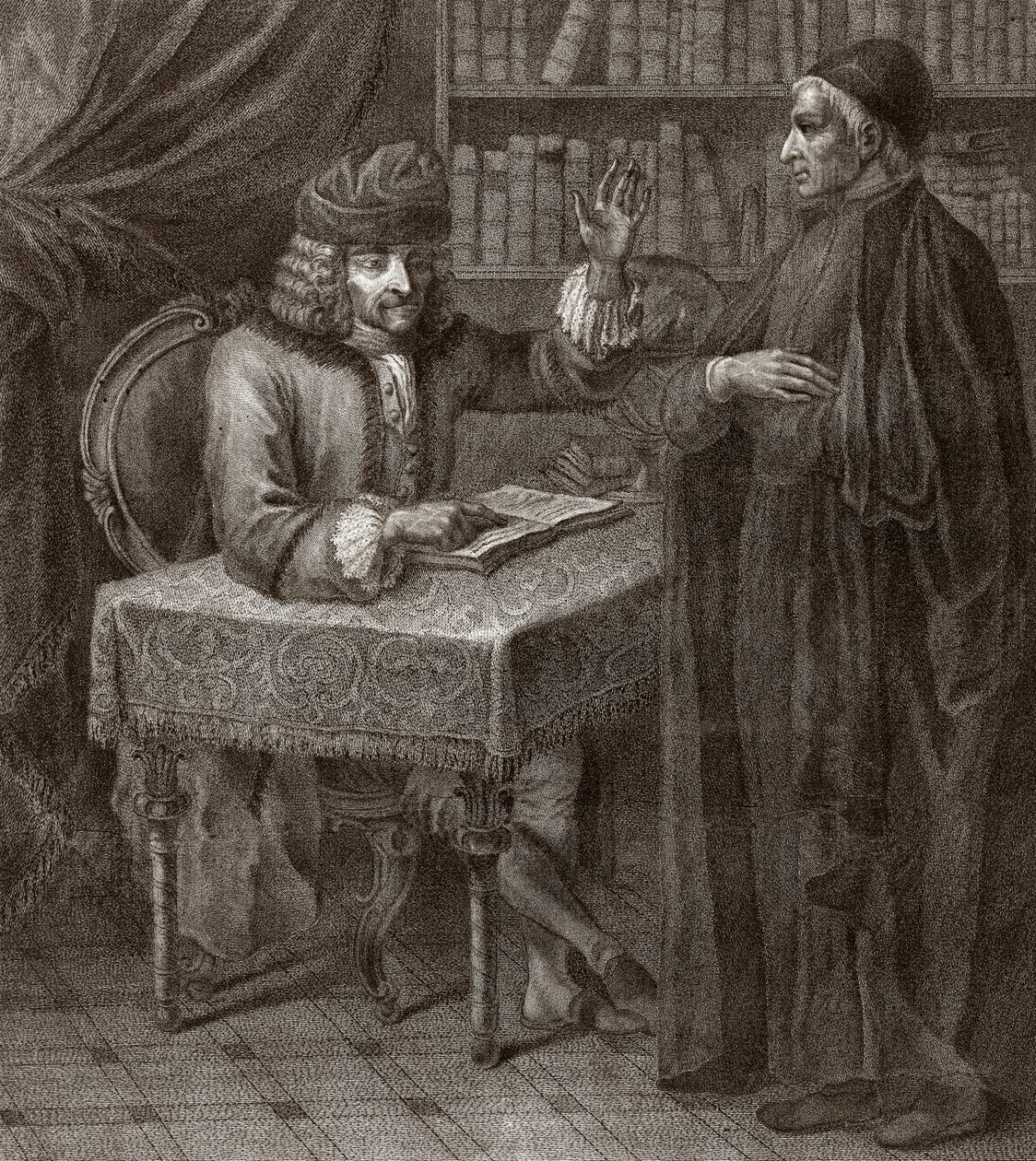 – Voltaire és a szerzetes – VOLTIER, Francois-Marie Arouet – papsággal. Voltaire és egy pap (vallás) – Joseph Lante metszete – 1764 alkotó: Joseph Lante