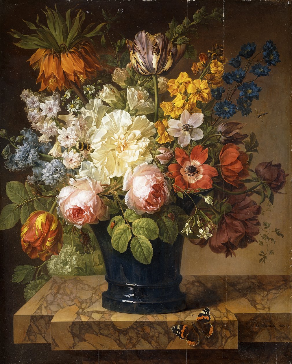 Virágok vázában egy márványpárkányon vörös tengernagy, darázs, két bogárral és egy szitakötővel, 1807 alkotó: Joseph Laurent Malaine