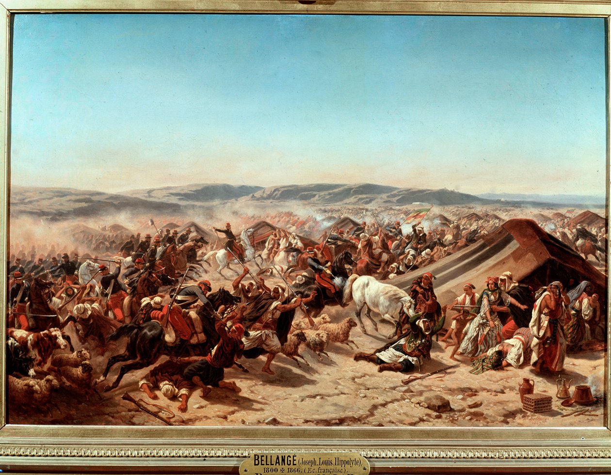 Algéria hódítása (1830-1847): Abd el Kader (Abd-el-Kader vagy ibn Muhyi al-Din al-Hasani (al Din al-Hasani) (1807-1883) Smalah (Smala) elfoglalása Aumale hercege Taguinban alkotó: Joseph Louis Hippolyte Bellange