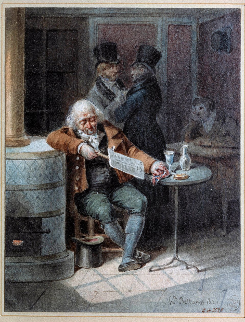 A Közlöny olvasása””: öregember aludt egy kávézóban, és a „The Gazette” újságot olvasta 1824-ben. Joseph Louis Hippolyte Bellange litográfiája (1800-1866) 1824 Párizs, Musee Carnavalet alkotó: Joseph Louis Hippolyte Bellange