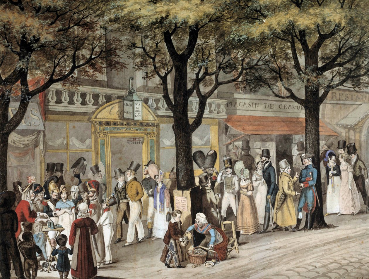 Séta a párizsi körúton 1819-ben Joseph Louis Bellange (1800-1866) akvarellje 1819 Párizs, Musee Carnavalet alkotó: Joseph Louis Hippolyte Bellange