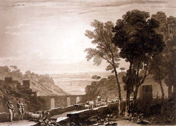 F.43.I A híd és a kecskék, a „Liber Studiorum”-ból, Frederick Christian Lewis metszete alkotó: Joseph Mallord William (after) Turner