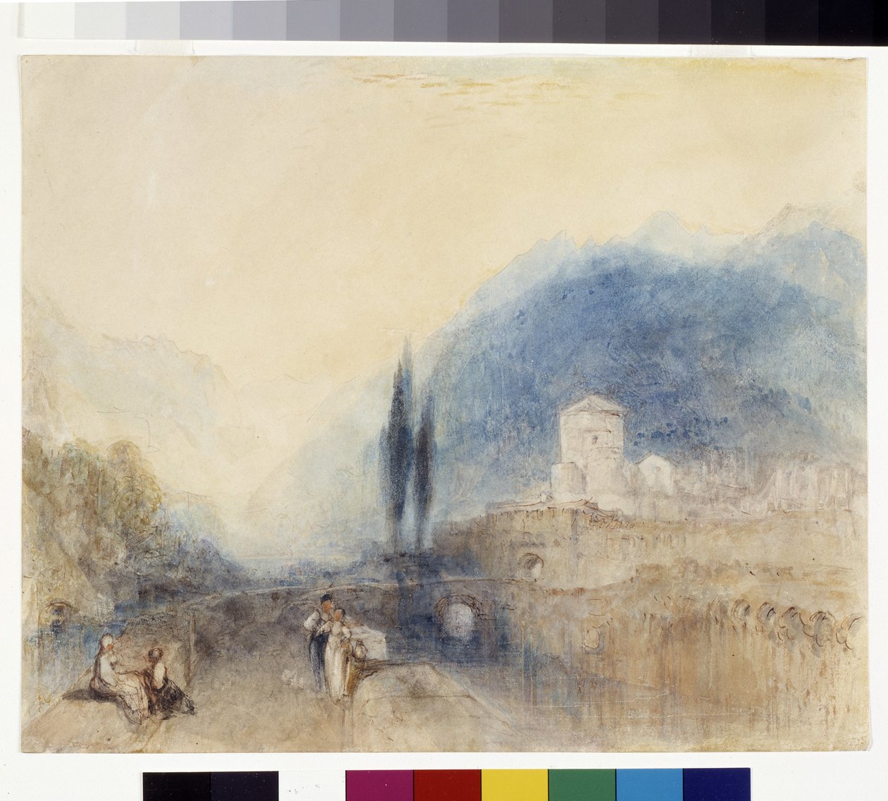 Bellinzona (akvarell tollal és piros tintával fehér papíron) alkotó: Joseph Mallord William Turner