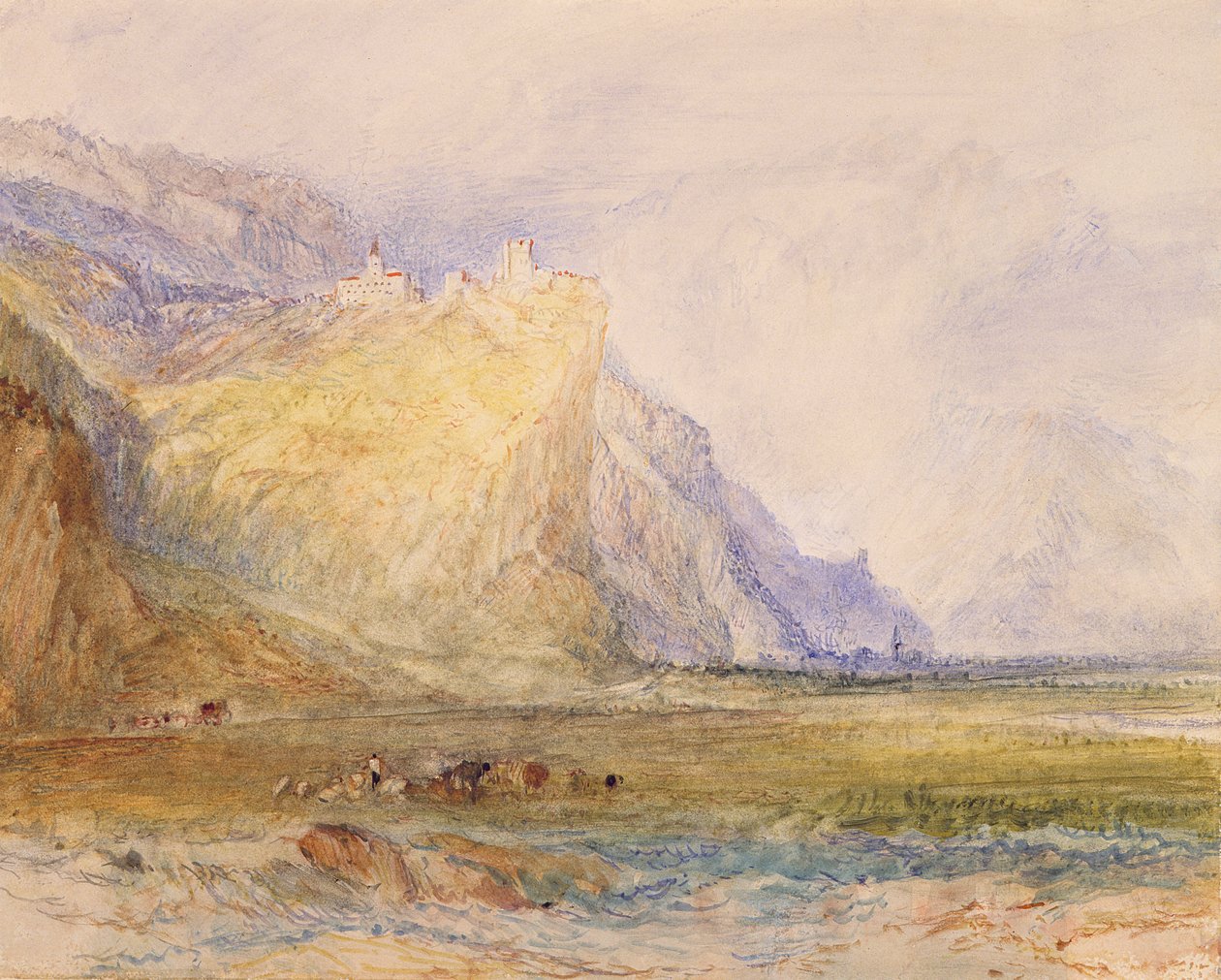 Domleschg-völgy, délkeletre nézve, a Schloss Ortenstein felé, 1853 körül (akvarell papíron) alkotó: Joseph Mallord William Turner